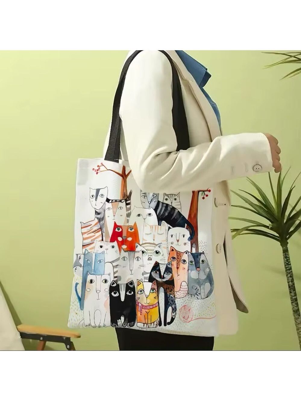 MANY-PAWS MULTI-CAT ARTISTIC FELINE CAT PRINT CANVAS GROCERY TOTE SHOPPING BAG - Picture 5 of 8